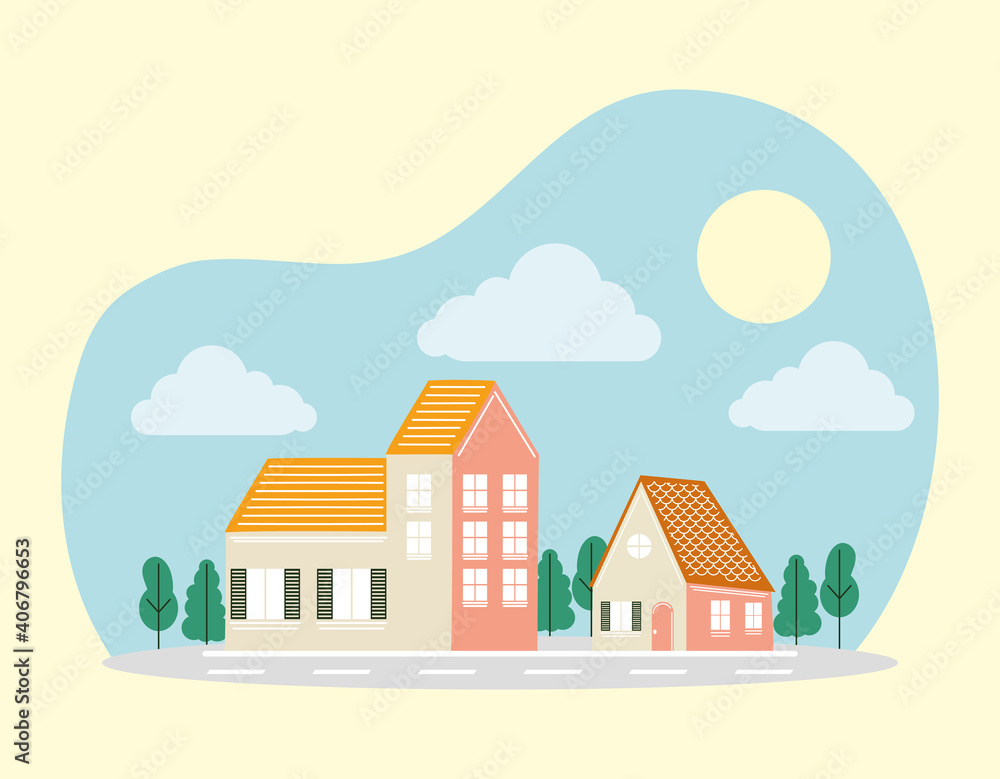 houses with trees in front of road vector design