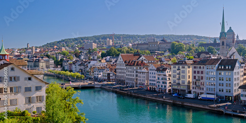 Zurich waterfront scene viewed from above with the East bank of the Limmat River and old town architecture