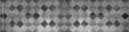 Old black anthracite grey gray white vintage shabby patchwork mosaic tiles wallpaper stone concrete cement wall texture background banner, with rhombus diamond rue lozenge square print