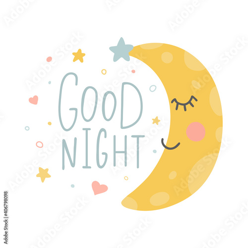Good night hand drawn poster with moon, heart and stars. Cute characters for baby shower, greeting cards, kid nursery. Hand written quote. Sweet dreams clipart design elements. Vector illustration