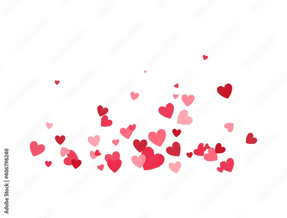 Heart flying composition. Celebration backdrop. Bright hearts confetti falling on white background. Valentines Day banner for greeting cards, wedding invitation, gift packages. Vector illustration