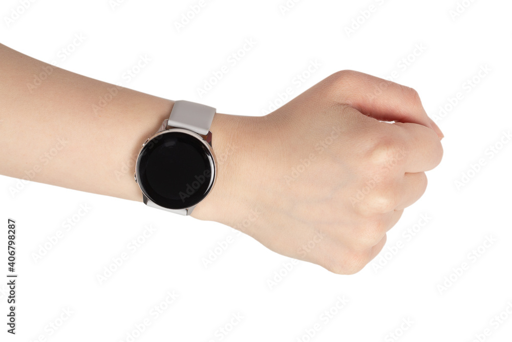 Smart watch on woman hand isolated on white. Smart watch on woman hand isolated on white.