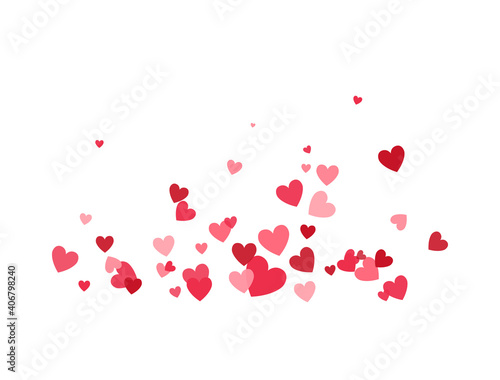 Heart flying composition. Celebration backdrop. Bright hearts confetti falling on white background. Valentines Day banner for greeting cards, wedding invitation, gift packages. Vector illustration