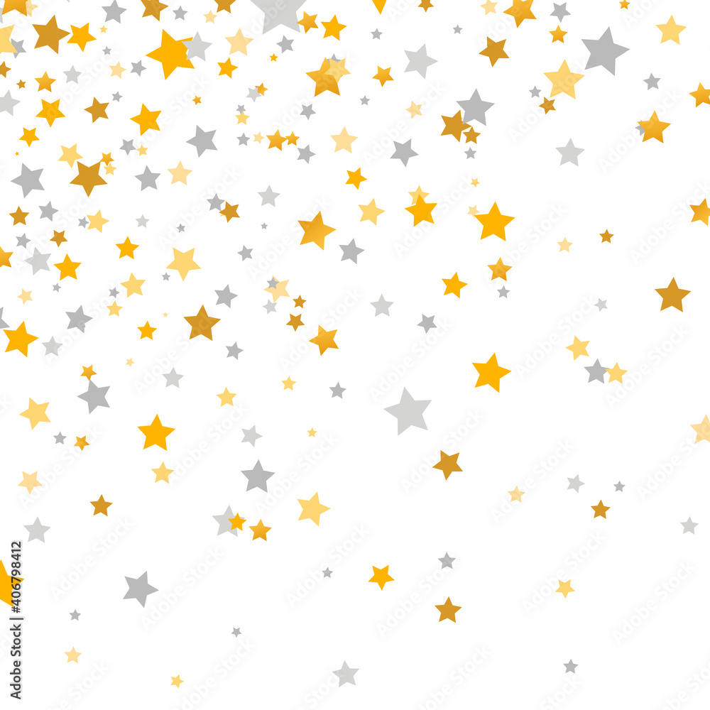 Golden and silver stars falling on white background. Glitter elegant design elements. Gold shooting stars. Magic decoration. Christmas texture. Celebration banner. Vector illustration