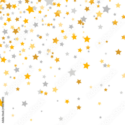 Golden and silver stars falling on white background. Glitter elegant design elements. Gold shooting stars. Magic decoration. Christmas texture. Celebration banner. Vector illustration