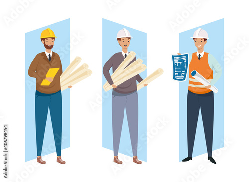 Architects and engineers men with helmets and plans vector design