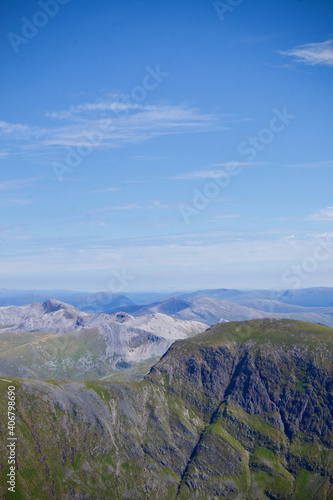View from the top of Ben Nevis, Scotland. Highest peak in Scotland, view from the peak. Sunny Day on top of Ben Nevis. 