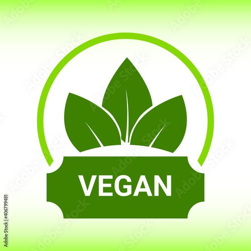 Vegan vector icon. Organic, bio, eco symbol. Vegan, no meat, lactose free, healthy, fresh and nonviolent food. Round green vector illustration with leaves for stickers, labels and logos
