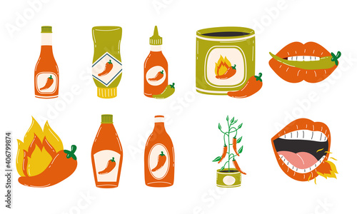 Hot chili pepper sauces symbol collection vector design