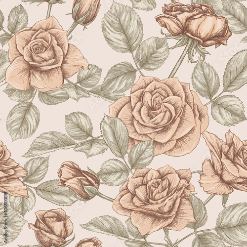 Seamless pattern with roses flowers. Colored vector illustration. In beige vintage colors