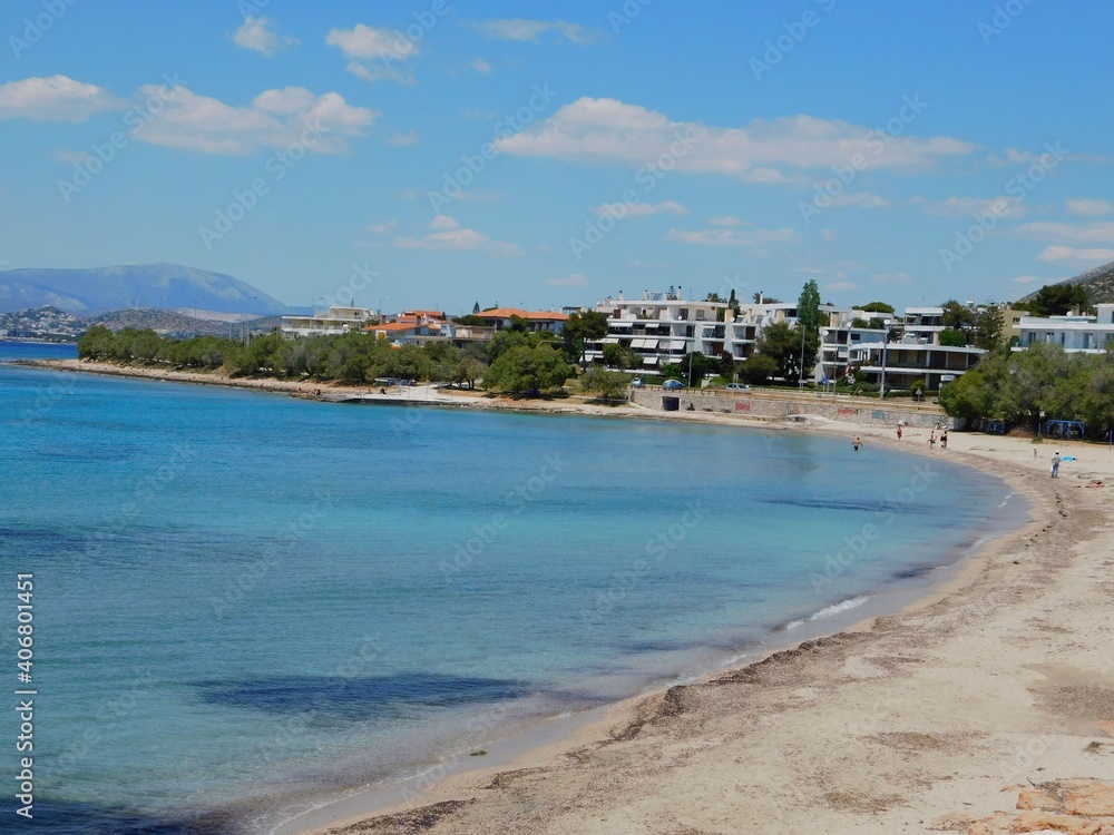 View of the Saronis beach and town in Attica, Greece