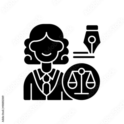Law department black glyph icon. Dealing with legal affairs. Ensuring company legality and compliance actions. Litigation, investigation. Silhouette symbol on white space. Vector isolated illustration