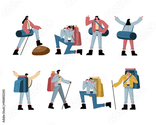 Hiker people cartoons with bags and sticks symbol set vector design