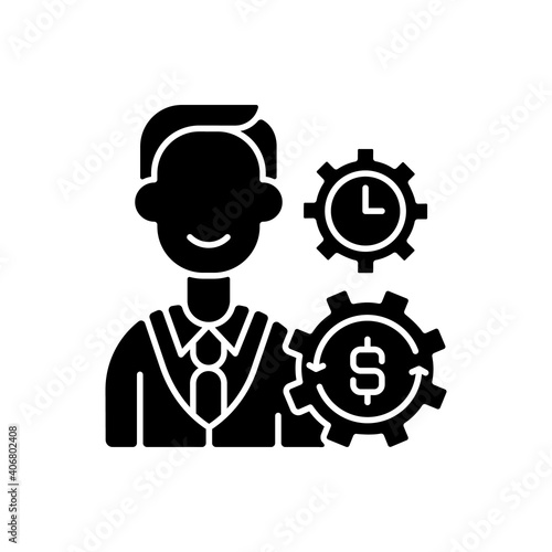Finance department black glyph icon. Acquiring funds for company. Financial planning. Incoming and outgoing cash flows control. Silhouette symbol on white space. Vector isolated illustration