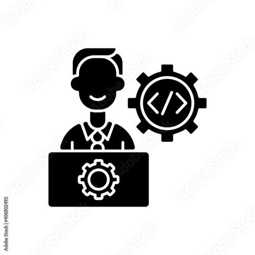 IT department black glyph icon. Computer network systems installation and maintenance. Responsibility for hardware, software. Silhouette symbol on white space. Vector isolated illustration