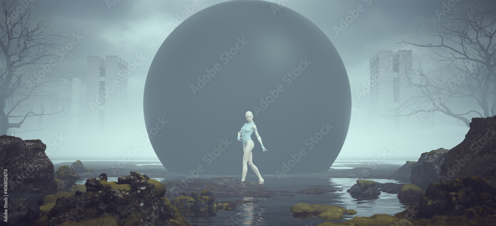 Obraz premium Futuristic Female Walking Pose Alien Landscape Mysterious Black Sphere near a Foggy Abandoned Brutalist Style Architecture in the Distance 3d illustration render