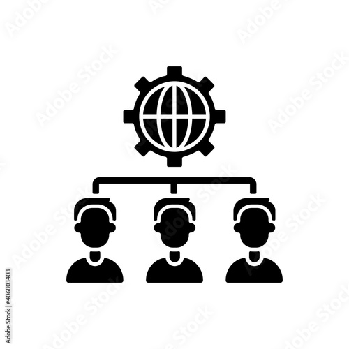 Outsourcing black glyph icon. Obtaining goods and services from foreign supplier. Business practice. Hiring company for performing tasks. Silhouette symbol on white space. Vector isolated illustration