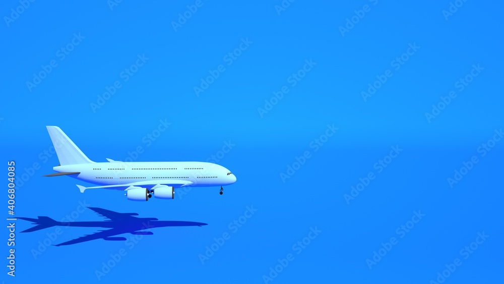 Passenger plane flies on a blue background, 3d illustration. Airplane with a shadow from the salon, design element.