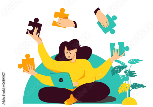 Woman works on a computer and solves other problems, hands over pieces of a puzzle to other hands - delegation of tasks, teamwork, a team project.
