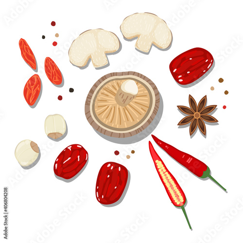 beautiful Flat Lay Food style vector illustration of  ingredient, isolated on white background. Chinese traditional herb. mushroom, red dates, goji berry,lotus seed, red chili, star anise, pepper