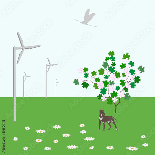 Wind turbine  dog  wildflowers  flowering tree  flying bird - vector. Alternative energy. Clean energy.