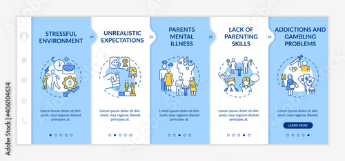 Parental emotional abuse onboarding vector template. Stressful environment. Unrealistic expectation. Responsive mobile website with icons. Webpage walkthrough step screens. RGB color concept