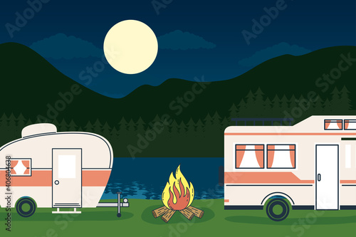 Camper van with trailer at forest landscape at night vector design