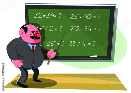 A cheerful schoolteacher with a pointer by the blackboard. The professor is teaching the children. Stock vector illustration