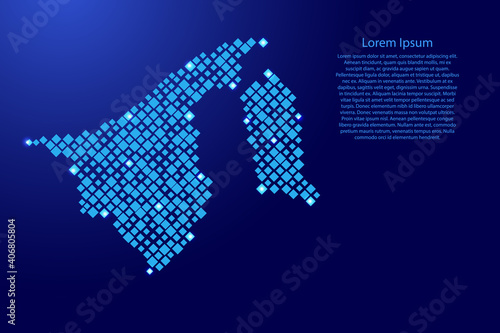 Brunei map from blue pattern rhombuses of different sizes and glowing space stars grid. Vector illustration.