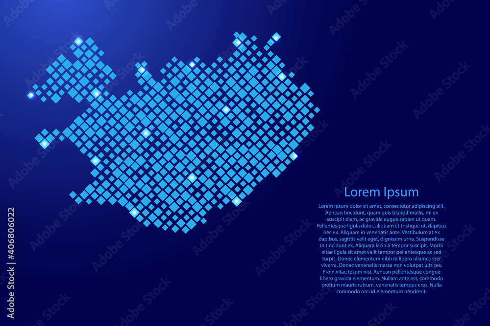 Iceland map from blue pattern rhombuses of different sizes and glowing space stars grid. Vector illustration.
