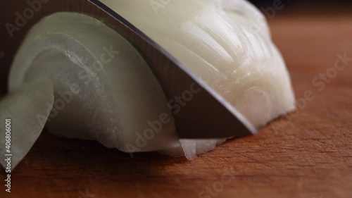Wallpaper Mural Close-up view of woman's hands cutting red onion into slices with a knife. Cooking food. We cut the onion. Cooking process. Torontodigital.ca