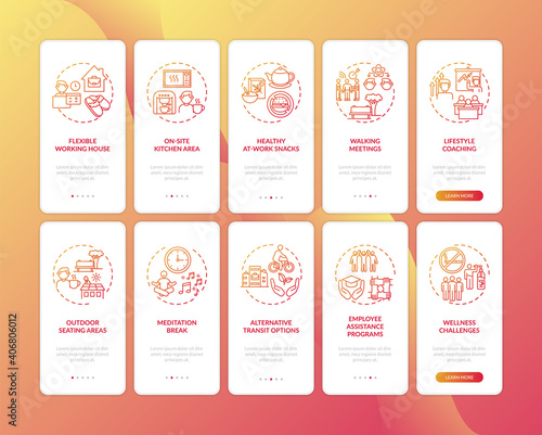 Workplace wellbeing onboarding mobile app page screen with concepts set. Walking meetings, healthy snacks walkthrough 5 steps graphic instructions. UI vector template with RGB color illustrations