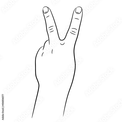 Hand with two fingers raised up sketch draw from the contour black brush lines different thickness on white background. Vector illustration.