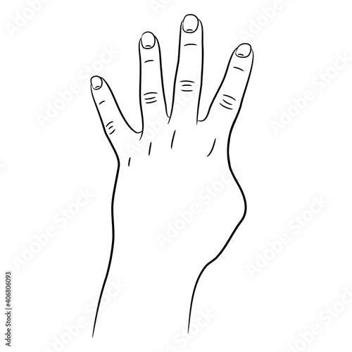 Hand with four fingers raised up sketch draw from the contour black brush lines different thickness on white background. Vector illustration.