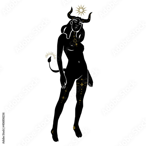 Taurus Zodiac Sign. Black nude girl astrology symbol on the white isolated background. Celestial Symbol.