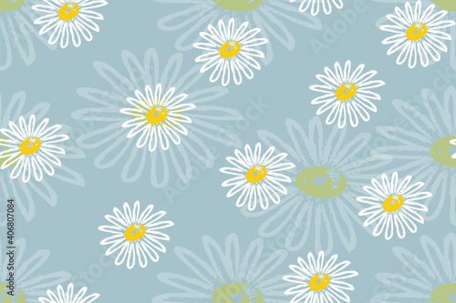 Floral pattern, white daisies on a blue background. Vector. Watercolor. Fashionable design for textiles, fabric, wallpaper, paper.