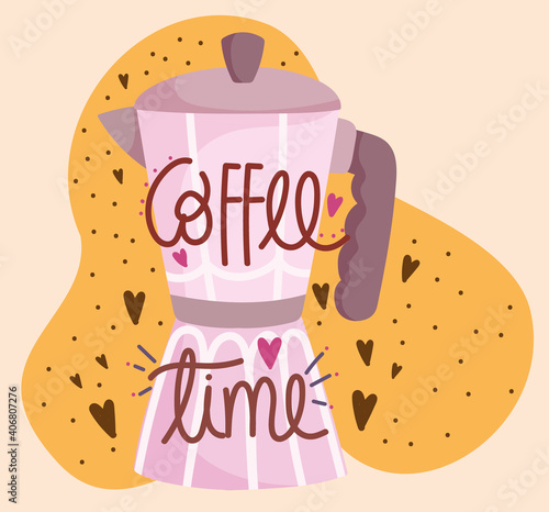 coffee time kettle cooking in cartoon style lettering