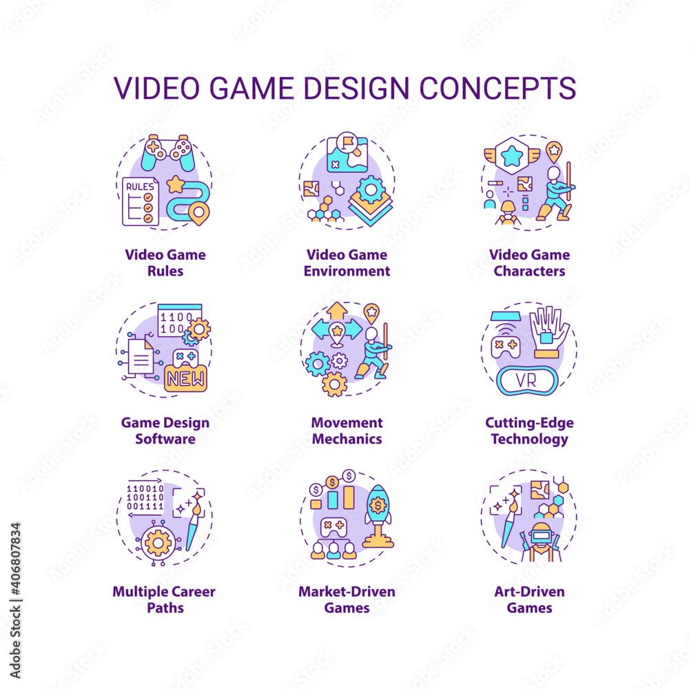 Video game design concept icons set. Video game rules. Playing