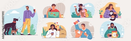 Set of People and their pets illustrations. Men and women having fun, training and playing with their pets. Vector Illustrations