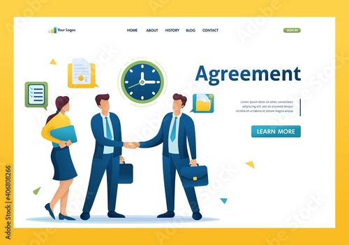 Businessmen of large companies sign an agreement and conclude a contract. Flat 2D landing page