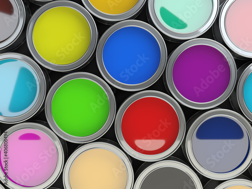 Open paint cans placed close to each other. Сolor palette concept.