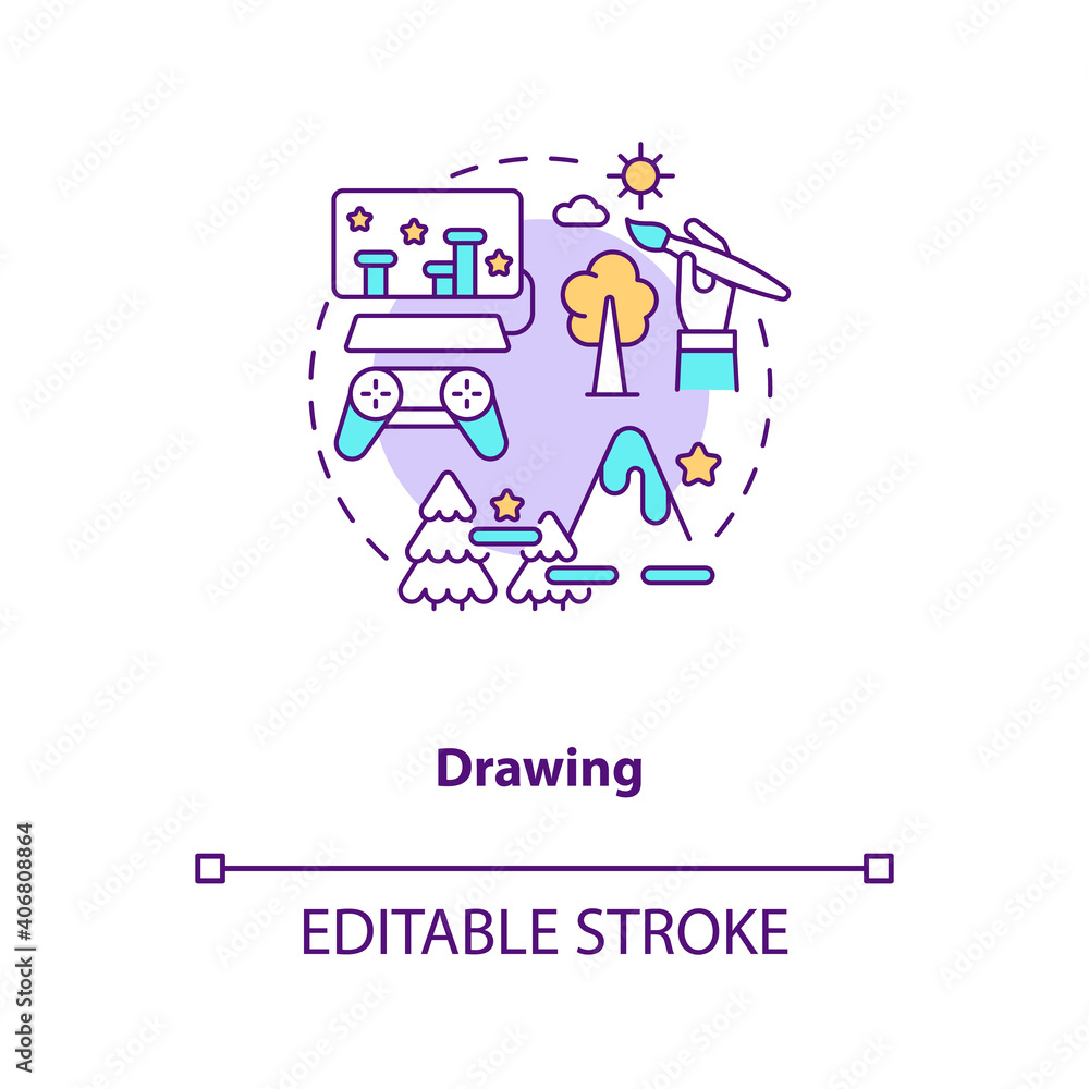 Drawing concept icon. Game designer skills. Creating very beautiful characters for your story. Development idea thin line illustration. Vector isolated outline RGB color drawing. Editable stroke Drawing concept icon. Game designer skills. Creating very beautiful characters for your story. Development idea thin line illustration. Vector isolated outline RGB color drawing. Editable stroke