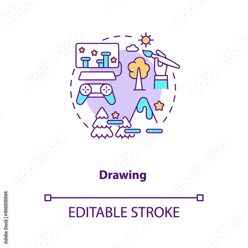 Drawing concept icon. Game designer skills. Creating very beautiful characters for your story. Development idea thin line illustration. Vector isolated outline RGB color drawing. Editable stroke