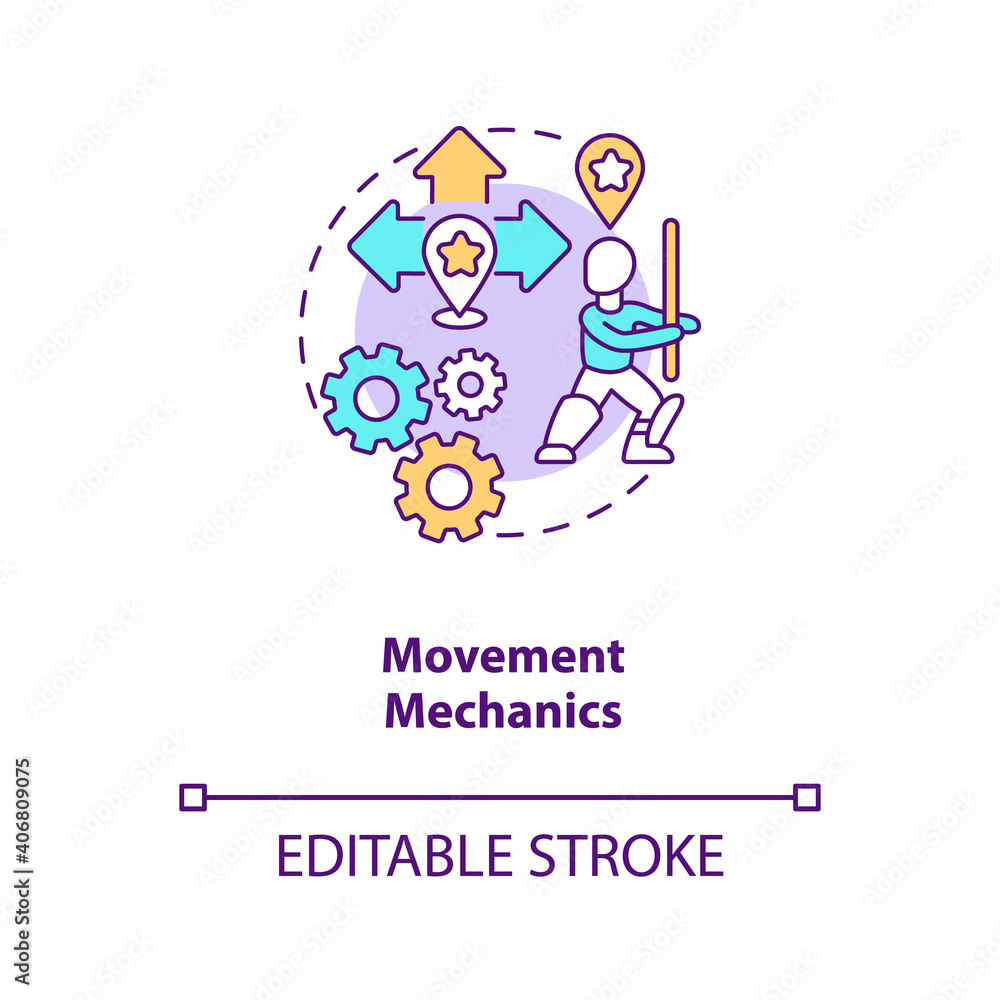 Movement mechanics concept icon. Game design industry benefits. Creating realistic hero movement. Game creation idea thin line illustration. Vector isolated outline RGB color drawing. Editable stroke