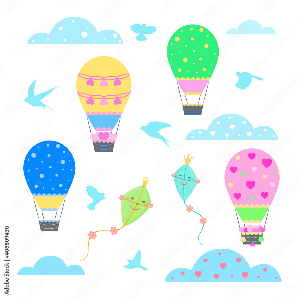 Fototapeta premium Flying on the sky collection with air balloons, clouds, kites and birds silhouettes. Cute cartoon clipart.