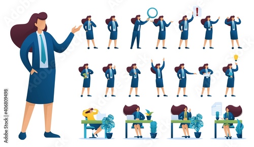 Set of Businesswoman. Presentation in various in various poses and actions. 2D Flat character vector illustration N1