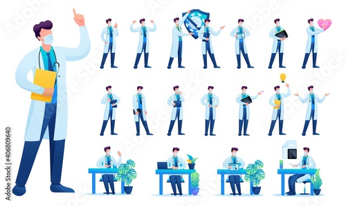 Set of Man doctor. Presentation in various in various poses and actions. 2D Flat character vector illustration N9