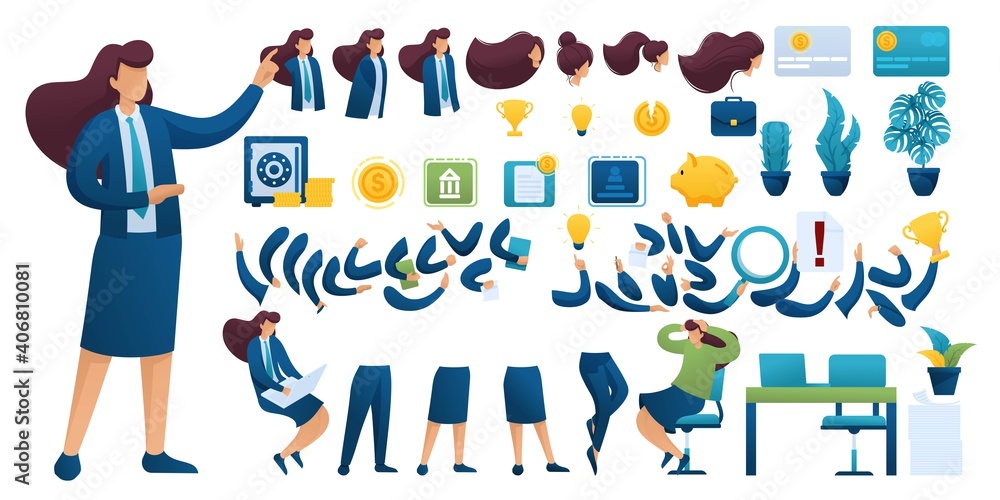 Constructor for creating a Businesswoman. Create your own Businesswoman character with a Set of hands and feet. Flat 2D vector illustration N6 Constructor for creating a Businesswoman. Create your own Businesswoman character with a Set of hands and feet. Flat 2D vector illustration N6