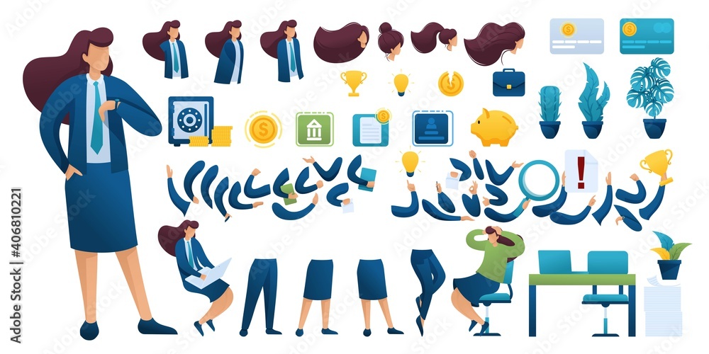 Constructor for creating a Businesswoman. Create your own Businesswoman character with a Set of hands and feet. Flat 2D vector illustration N7 Constructor for creating a Businesswoman. Create your own Businesswoman character with a Set of hands and feet. Flat 2D vector illustration N7