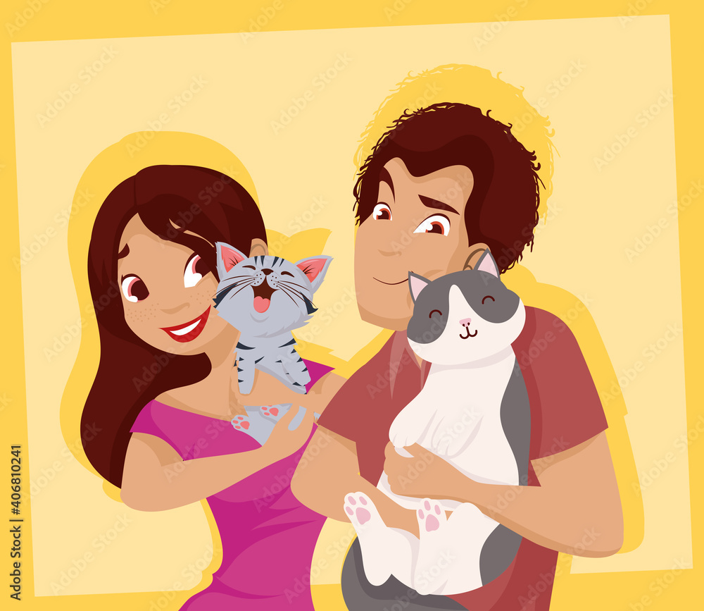 Woman and man with cute cats mascots vector design Woman and man with cute cats mascots vector design